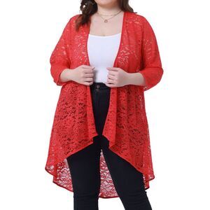 Plus Size Kimono 3/4 Sleeve Open Front Sheer lacy High Low Cardigan bright Red